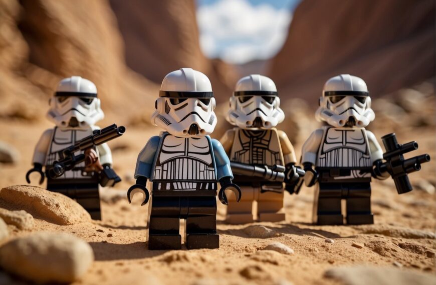 Lego Star Wars Buildable Figures: Lego Star Wars buildable figures stand in battle formation on a rocky, desert planet, with their weapons drawn and ready for action