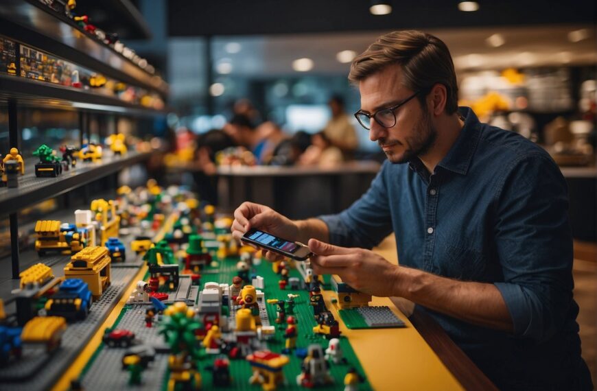How to Invest in Lego: A person carefully selecting and purchasing Lego sets online or in a store, with a computer or smartphone nearby for research and tracking