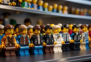 Lego Minifigures Value Guide: A display of various Lego minifigures arranged on shelves with price tags next to each one