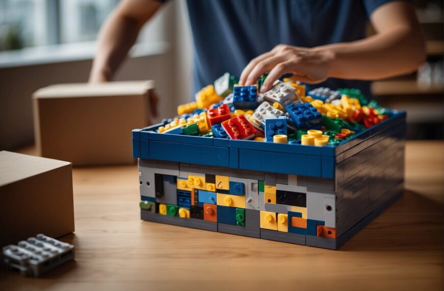 How to Transport Lego Sets: Lego sets in a sturdy box, being placed into a padded, secure shipping package for transport