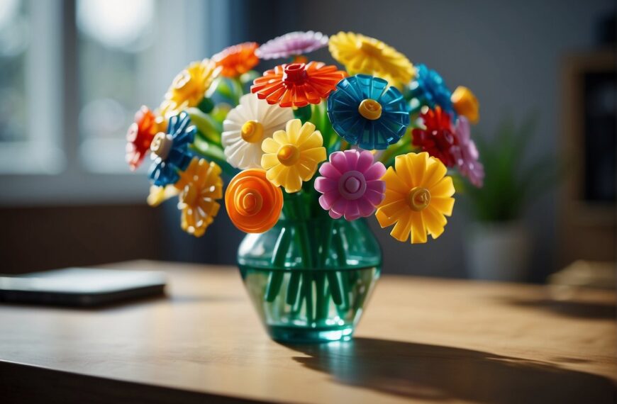 How to Display Lego Flowers: Arrange colorful Lego flowers in a vase on a table