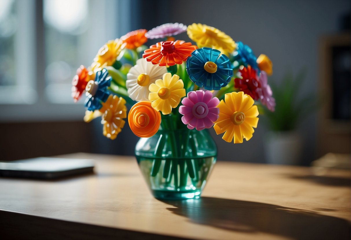 How to Display Lego Flowers: Arrange colorful Lego flowers in a vase on a table