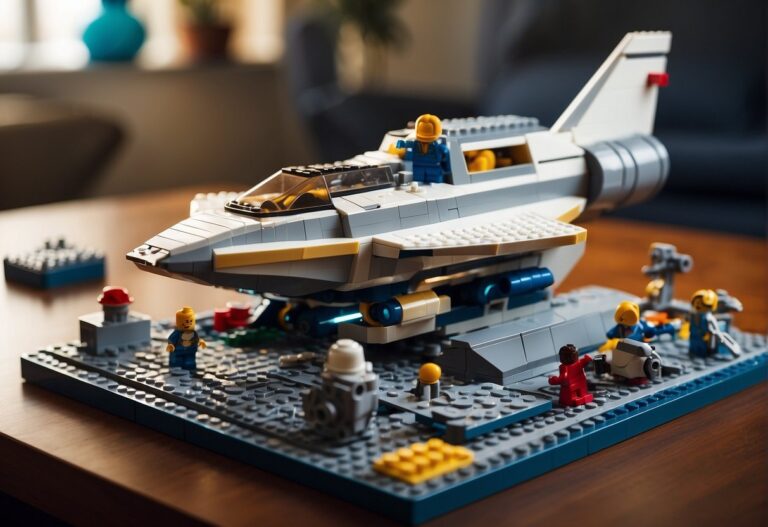 How to Build Lego Spaceships: Lego spaceship parts laid out on a flat surface, with instructions nearby. Pieces being assembled into a spaceship shape, with a completed model in the background