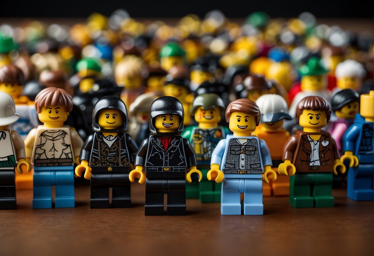 How to Identify LEGO Minifigures: Various Lego minifigures are spread out on a table. Each figure has unique accessories, colors, and features, making them easily distinguishable from one another
