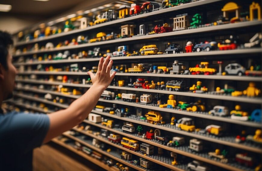 Can You Rent Lego Sets: A hand reaches for a rental shelf filled with various Lego sets