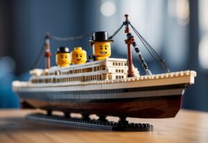 How Much Does the LEGO Titanic Weigh: The Lego Titanic sits on a scale, its weight displayed in bold numbers