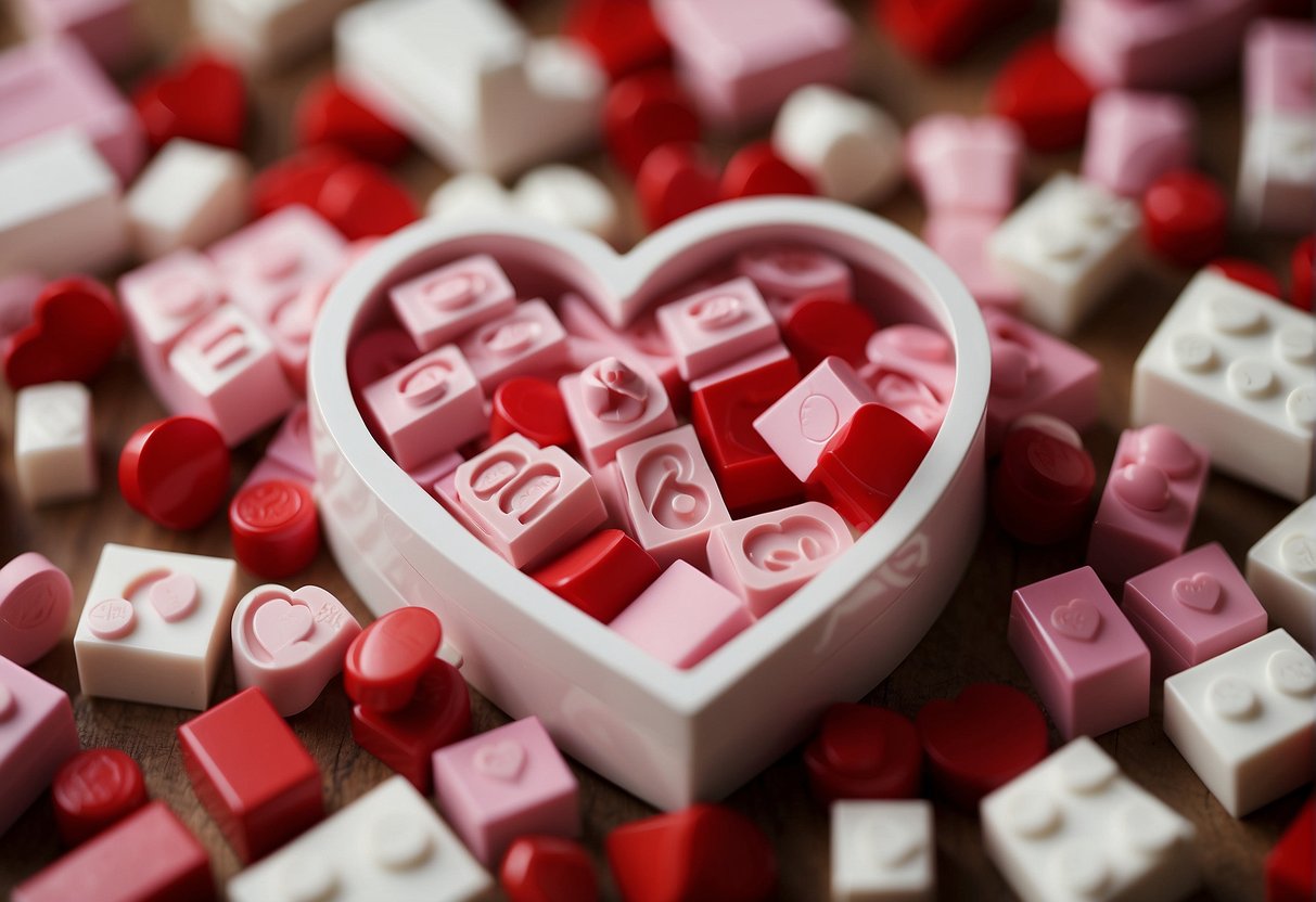 How to Make a Lego Valentine Box: Lego pieces arranged to form a heart-shaped box. A stack of red, pink, and white bricks with a slot for valentine cards