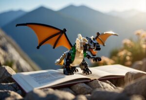 How to Train Your Dragon Lego: A dragon made of Lego pieces flies over a mountain, with a small figure holding a training manual below