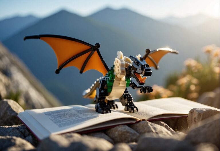 How to Train Your Dragon Lego: A dragon made of Lego pieces flies over a mountain, with a small figure holding a training manual below
