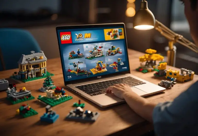How to Become a LEGO Affiliate: Lego sets arranged on a table with a laptop showing the Lego affiliate program website. A person's hand clicking the "join now" button