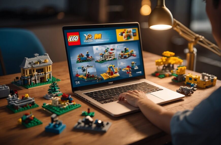 How to Become a LEGO Affiliate: Lego sets arranged on a table with a laptop showing the Lego affiliate program website. A person's hand clicking the 