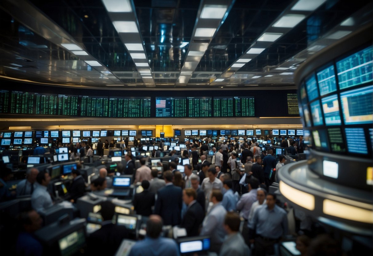Is Lego Publicly Traded: A bustling stock exchange floor with traders and ticker screens, displaying the LEGO company's stock symbol and price fluctuations