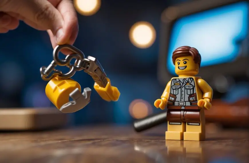 How to Give Someone a Key in Lego Fortnite: A hand holding a Lego key hovers over a Fortnite character, ready to drop the key into the character's hand