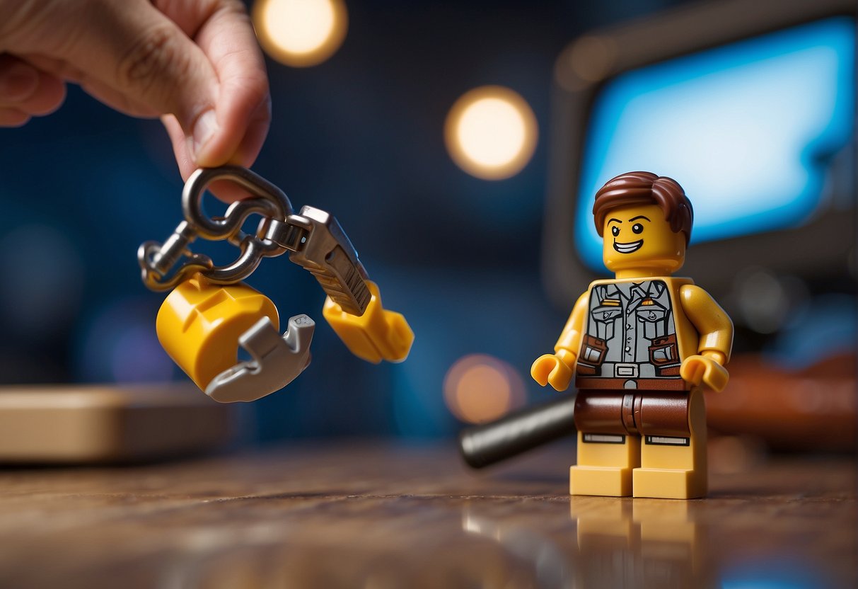 How to Give Someone a Key in Lego Fortnite: A hand holding a Lego key hovers over a Fortnite character, ready to drop the key into the character's hand