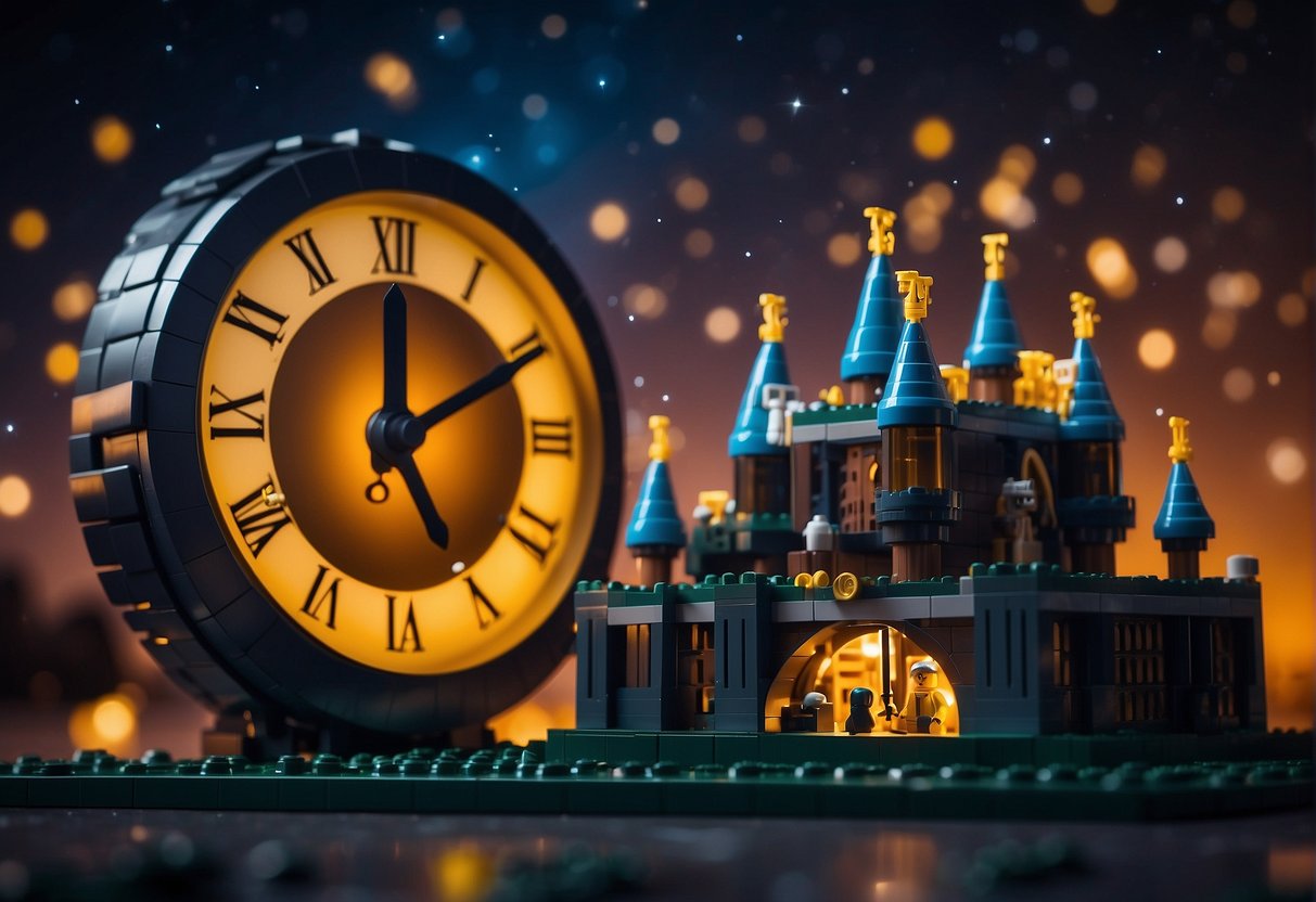 How Long Are Nights in Lego Fortnite: A dark sky filled with stars, a towering fortress made of LEGO bricks, and a clock showing the passing of time, illustrating the question "how long are nights in LEGO Fortnite."
