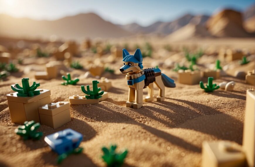 Where Are Sand Wolves Lego Fortnite: A desert landscape with sand wolves roaming, scattered LEGO pieces, and a Fortnite logo