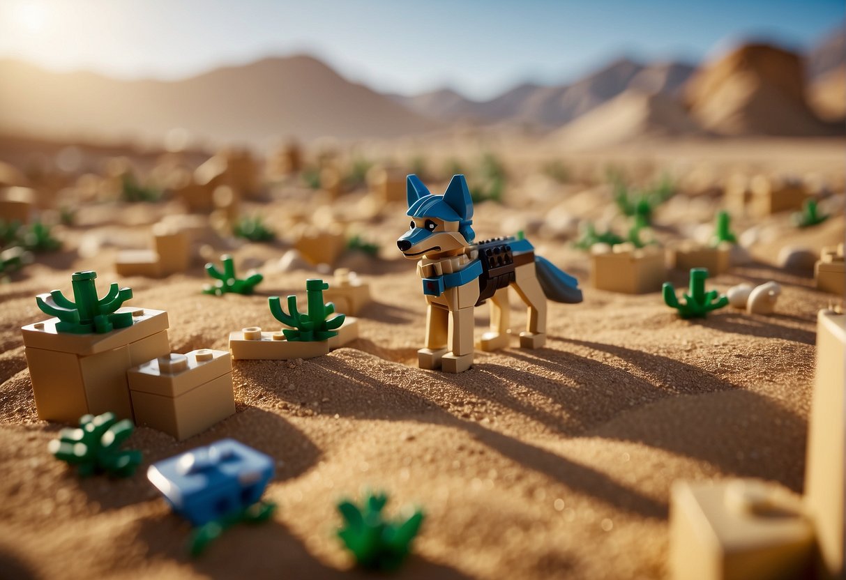 Where Are Sand Wolves Lego Fortnite: A desert landscape with sand wolves roaming, scattered LEGO pieces, and a Fortnite logo