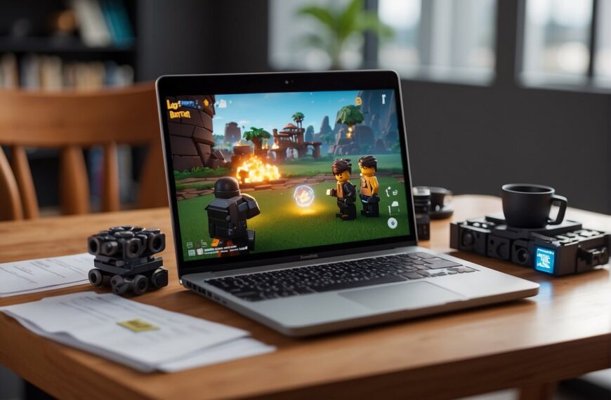 Where to Find Blast Core Lego Fortnite: A table with a laptop, a stack of papers, and a search bar with 