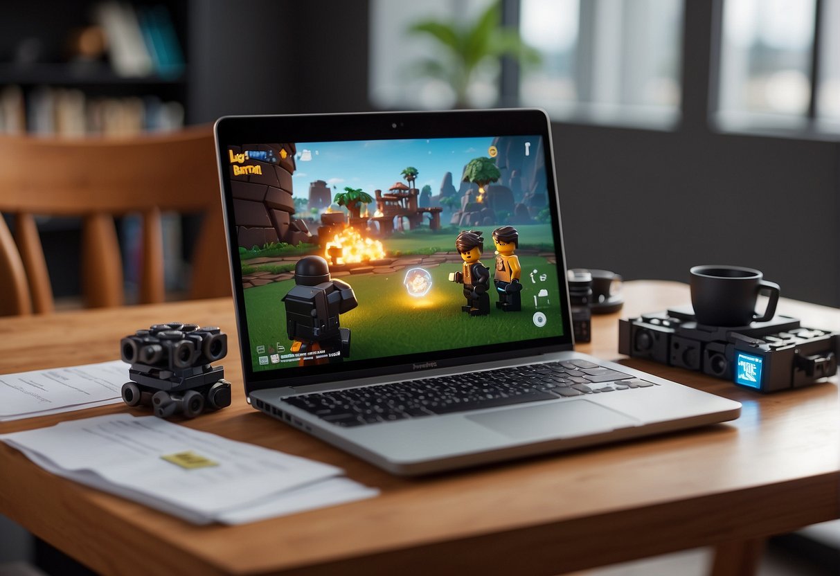 Where to Find Blast Core Lego Fortnite: A table with a laptop, a stack of papers, and a search bar with "blast core lego fortnite" typed in