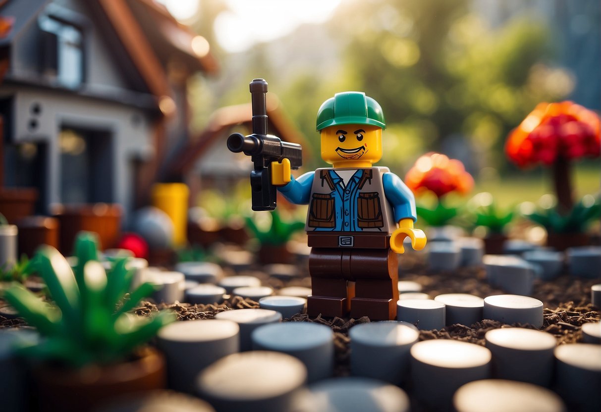 How to Farm in LEGO Fortnite: A Lego character farming in a Fortnite landscape, surrounded by building blocks and weapons