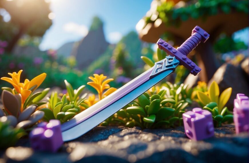 How to Get a Purple Sword in Lego Fortnite: A purple sword lies on a rocky ledge in a vibrant Lego Fortnite world. The sword glows with a magical aura, surrounded by colorful building blocks and lush greenery