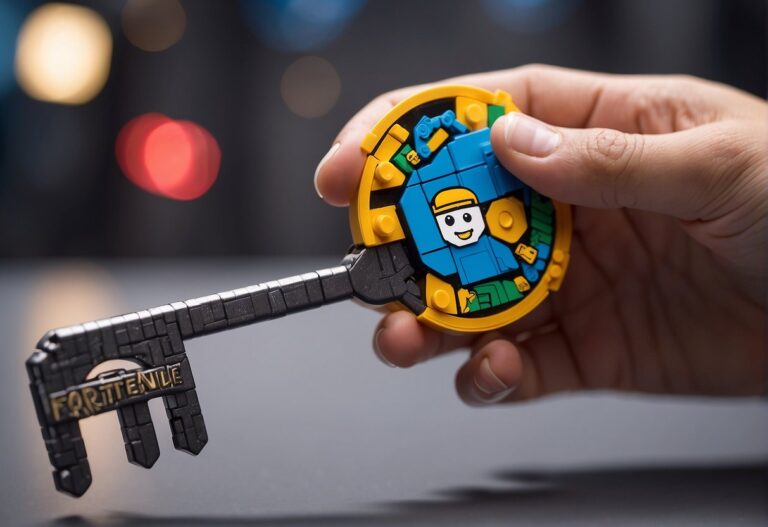 How to Give Key Holder LEGO Fortnite: A hand holding a key-shaped LEGO piece with Fortnite logo. Text "Frequently Asked Questions" in the background