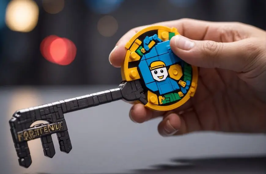 How to Give Key Holder LEGO Fortnite: A hand holding a key-shaped LEGO piece with Fortnite logo. Text 