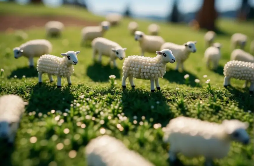 What Do Sheep Eat in Lego Fortnite: A flock of sheep grazing on vibrant green grass in a Lego Fortnite world