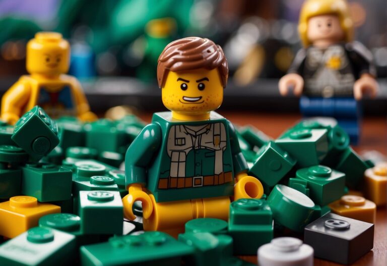 Where Do You Find Malachite in Lego Fortnite: A pile of Lego bricks scattered on a table, with a small piece of malachite nestled among them, surrounded by Fortnite-themed minifigures and accessories