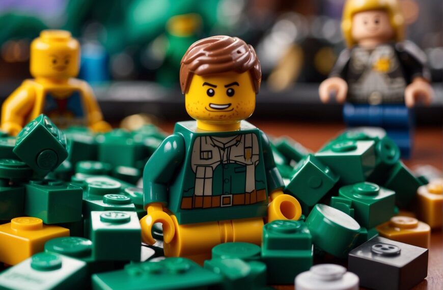 Where Do You Find Malachite in Lego Fortnite: A pile of Lego bricks scattered on a table, with a small piece of malachite nestled among them, surrounded by Fortnite-themed minifigures and accessories