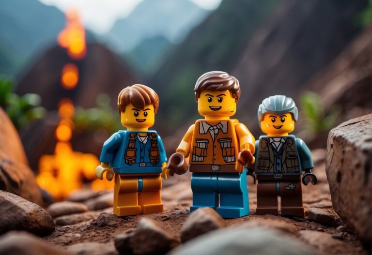 Where to Find Lava Caves in Lego Fortnite: A group of Lego characters searching for lava caves in a Fortnite-themed landscape