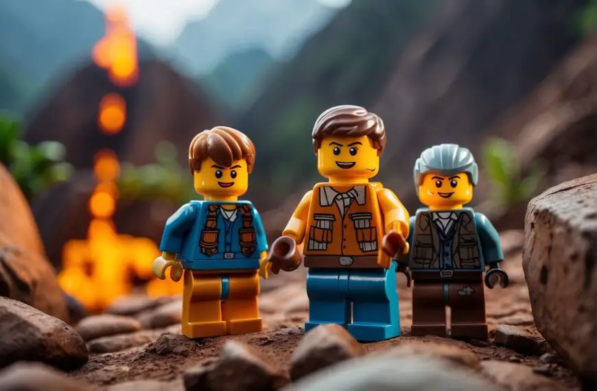 Where to Find Lava Caves in Lego Fortnite: A group of Lego characters searching for lava caves in a Fortnite-themed landscape
