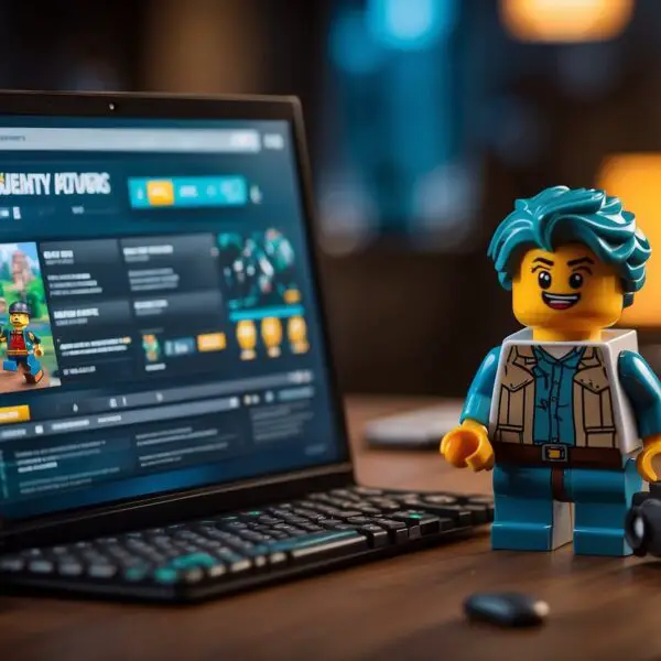 Does Fortnite Lego Auto Save : A computer alongside a Fortnite Lego set, with a small 