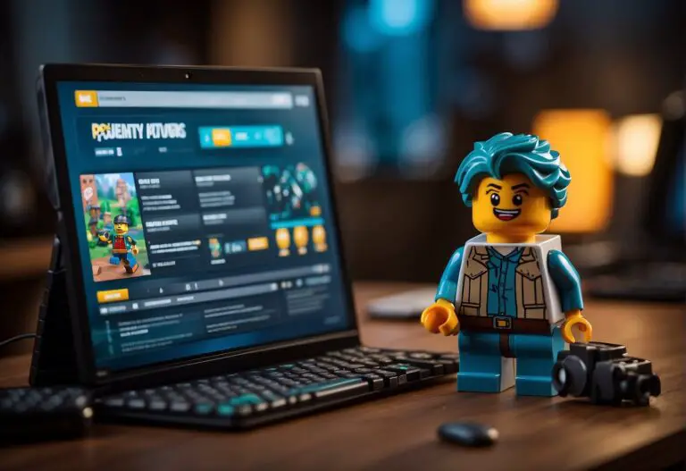 Does Fortnite Lego Auto Save : A computer alongside a Fortnite Lego set, with a small "auto save" icon visible on the screen
