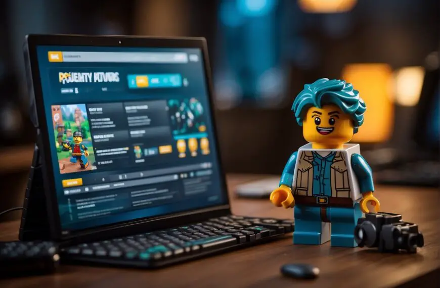 Does Fortnite Lego Auto Save : A computer alongside a Fortnite Lego set, with a small 