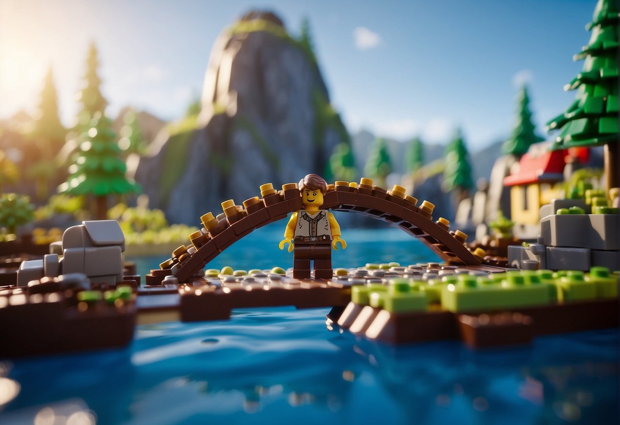 How to Get Across Water in Lego Fortnite: A Lego character builds a bridge across water in a Fortnite landscape