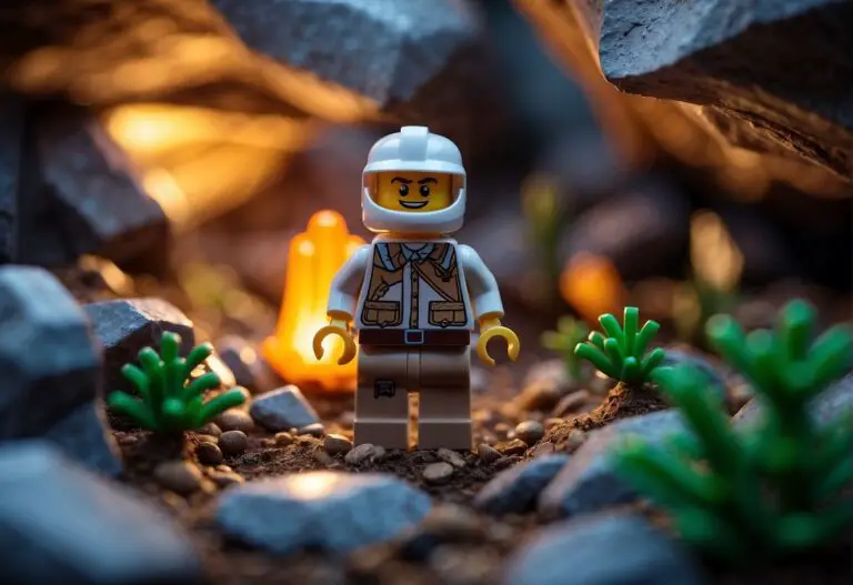 How to Get Cave Wood in Lego Fortnite 2024: Step-by-Step Guide: A character in LEGO Fortnite gathers cave wood, surrounded by rocky terrain and glowing crystals