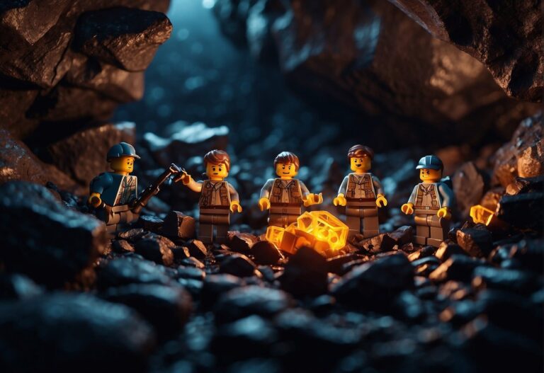 Where are Lava Caves Lego Fortnite: A group of people exploring a dark and rugged lava cave, searching for Lego Fortnite items