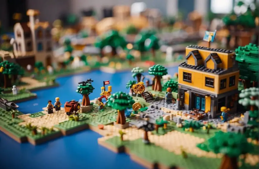 How Big Is LEGO Fortnite Map: A large Lego Fortnite map, with intricate details and vibrant colors, is surrounded by curious onlookers