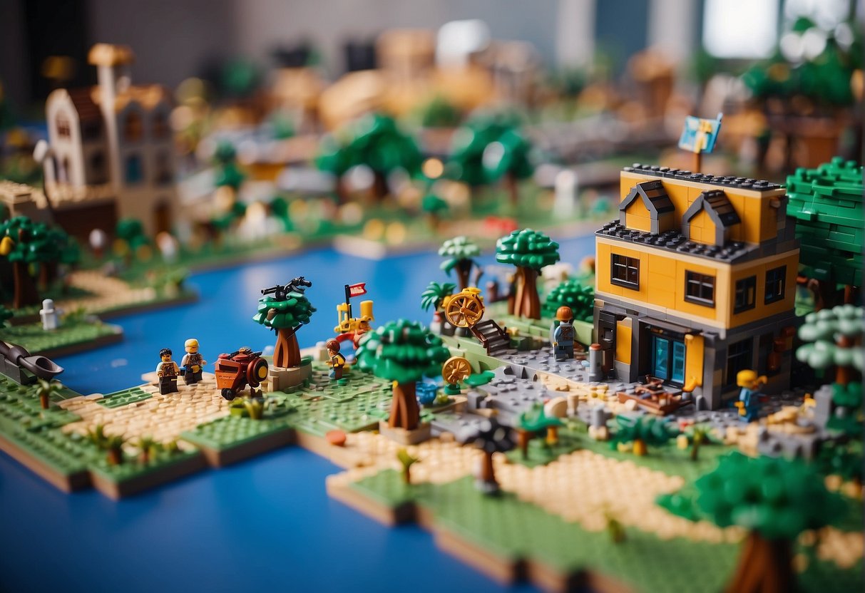How Big Is LEGO Fortnite Map: A large Lego Fortnite map, with intricate details and vibrant colors, is surrounded by curious onlookers