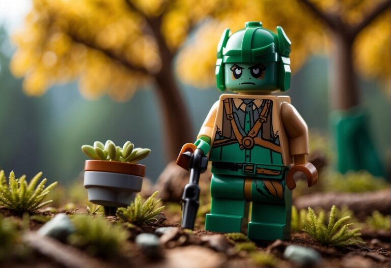 How to Get Rootwood in Lego Fortnite: A character searching for rootwood in a Lego Fortnite world, surrounded by trees and holding a map