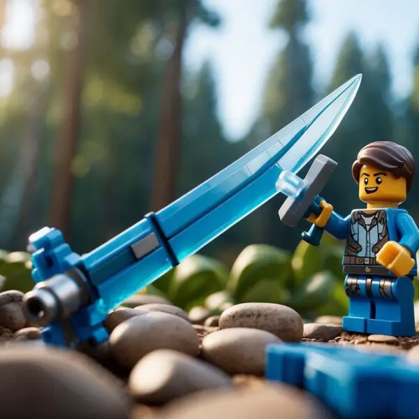 How to Make Blue Sword Lego Fortnite: A blue sword Lego Fortnite being assembled, with FAQ text in the background