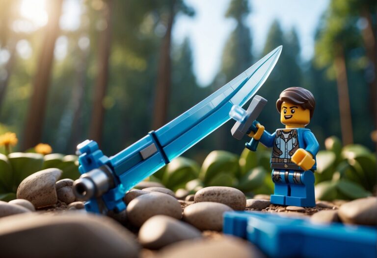 How to Make Blue Sword Lego Fortnite: A blue sword Lego Fortnite being assembled, with FAQ text in the background