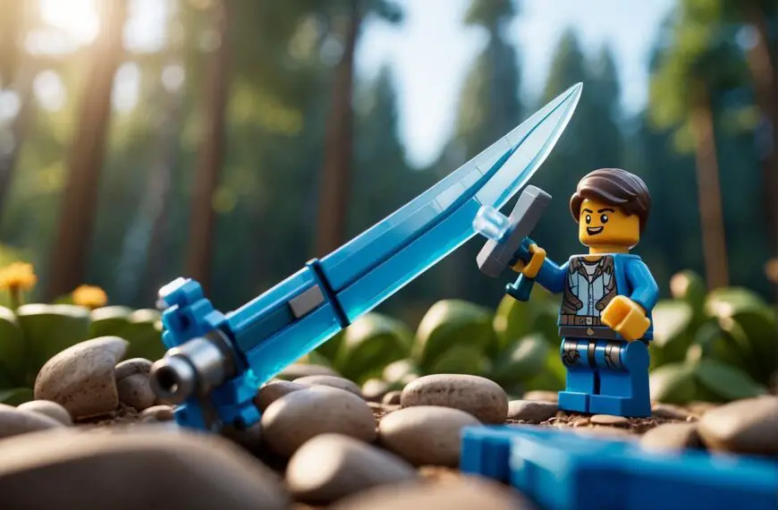 How to Make Blue Sword Lego Fortnite: A blue sword Lego Fortnite being assembled, with FAQ text in the background