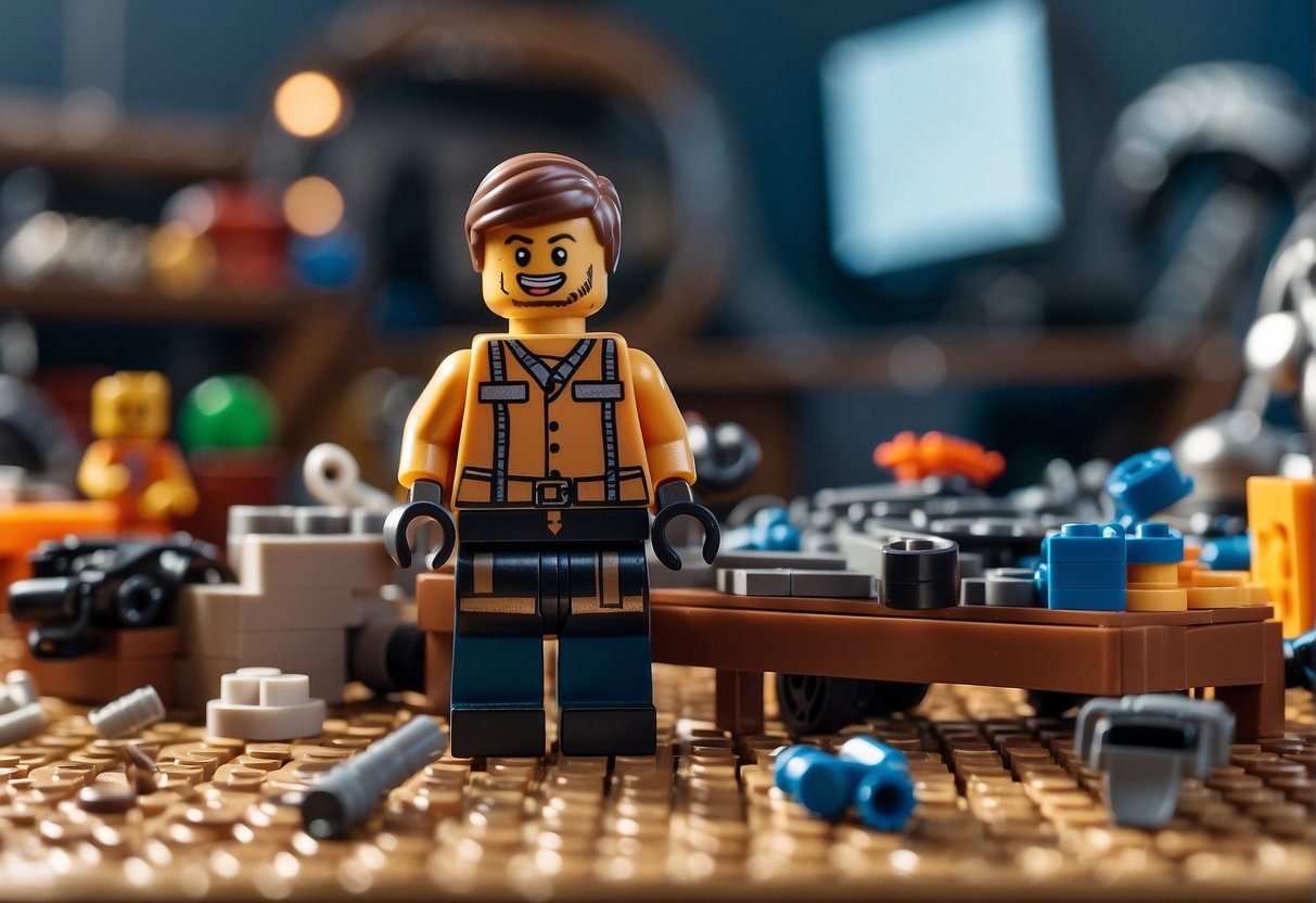 How to Make Clothes in Lego Fortnite: A workbench with Lego pieces and Fortnite clothing items scattered
