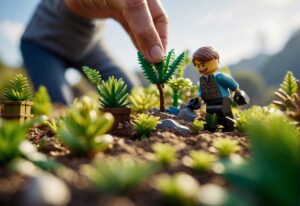 How to Plant in Lego Fortnite: A person placing Lego plants in a Fortnite-themed landscape